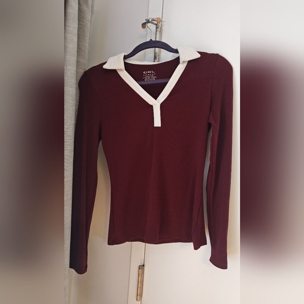 OGL Women's Maroon Top with Cream Collar - medium